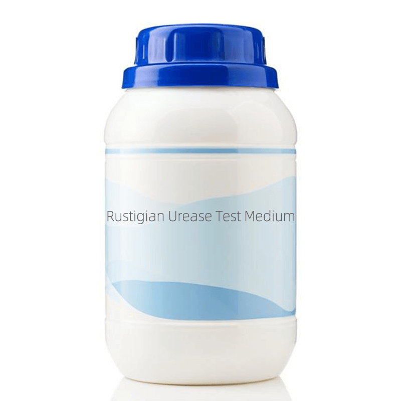 A 250g bottle of Rustigian Urease Test Medium, a dry powder culture medium for detecting urease activity in bacteria. Designed for use in clinical, food safety, and research laboratories to identify urease-producing microorganisms.